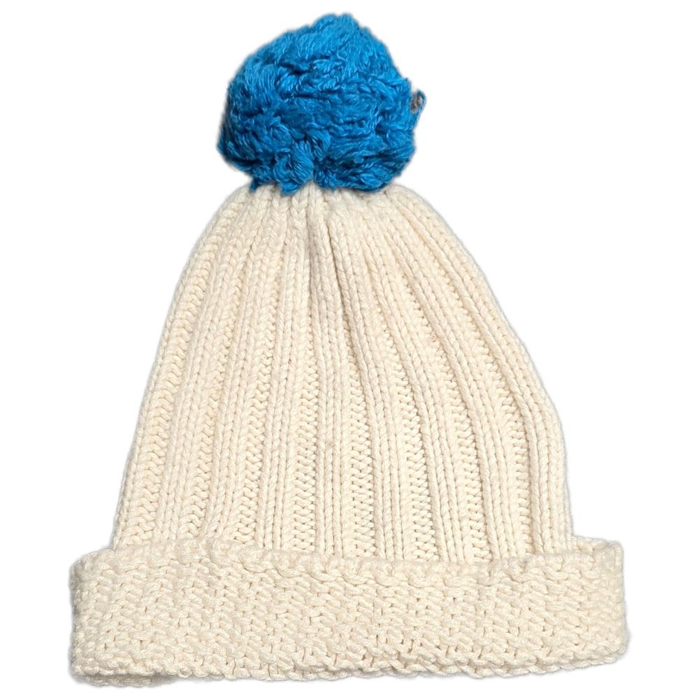 American Eagle Outfitters Ribbed Knit Beanie Women's Cream Blue‎ Pom-Pom Cuffed